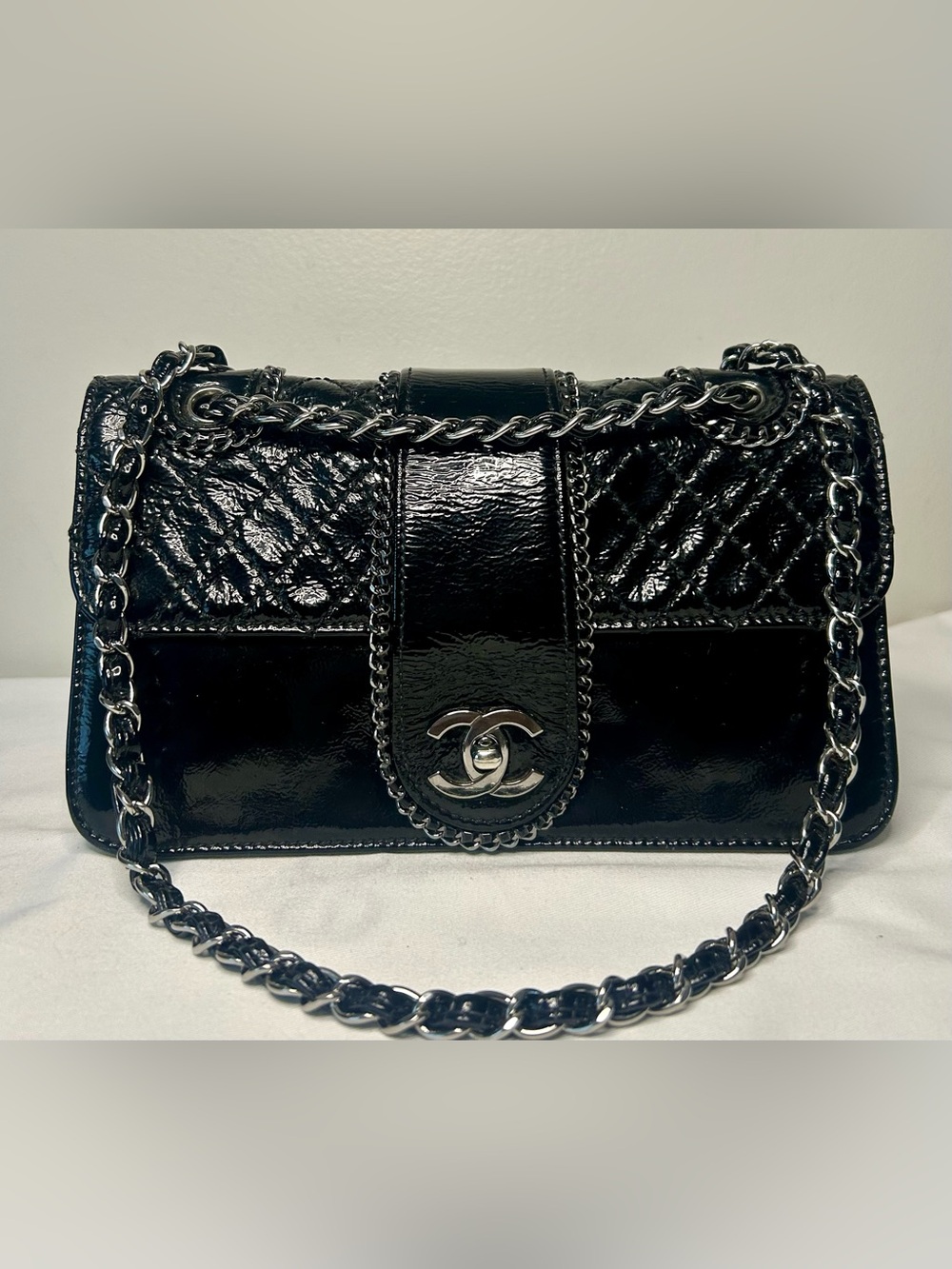 CHANEL Madison Medium Quilted Flap Shoulder Bag Patent Leather Black